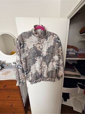Women's Silk Animal Print Zip-Front Bomber Jacket - Beige Multi